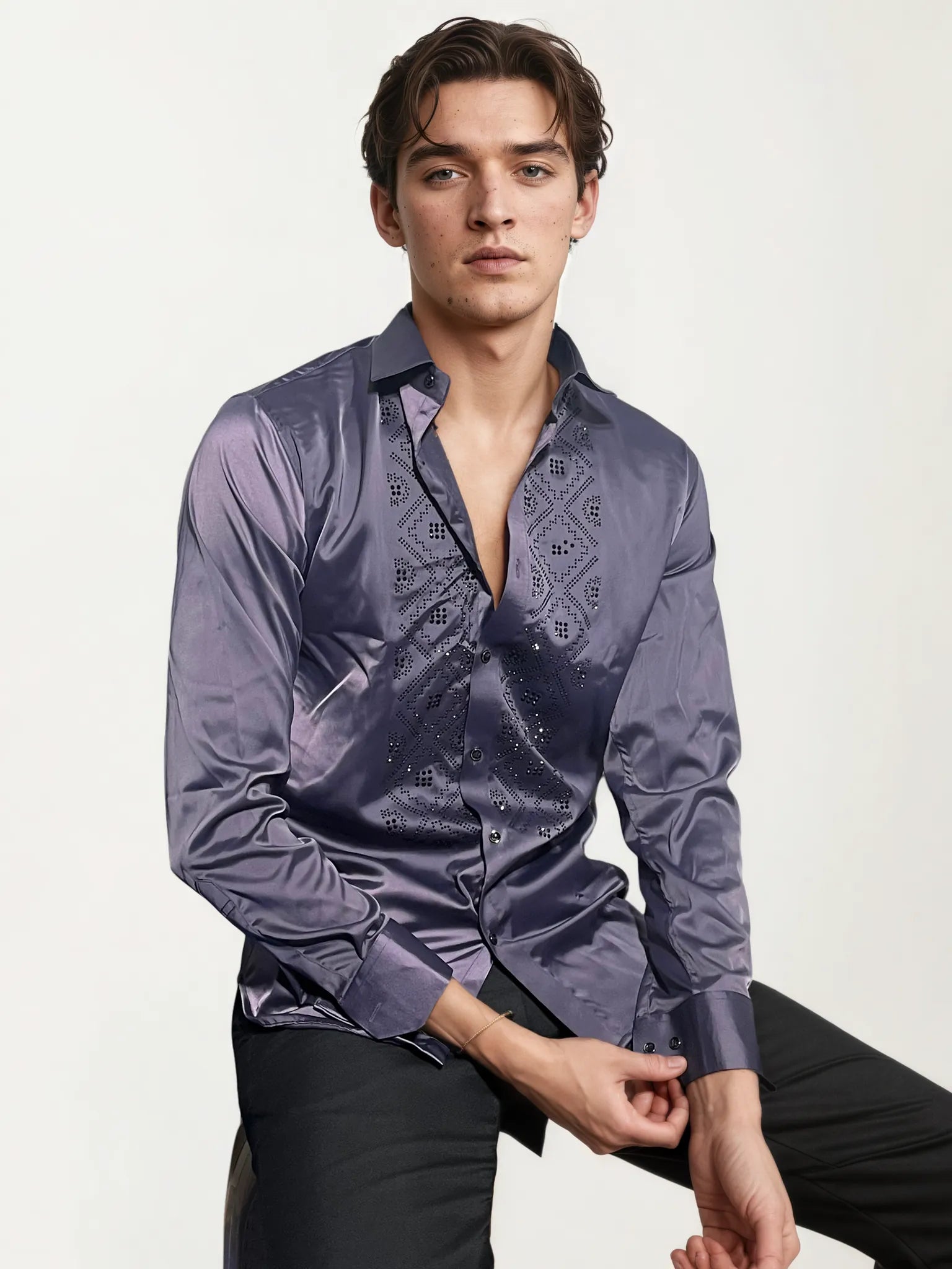 Purple Stone-Work Party Wear Shirt