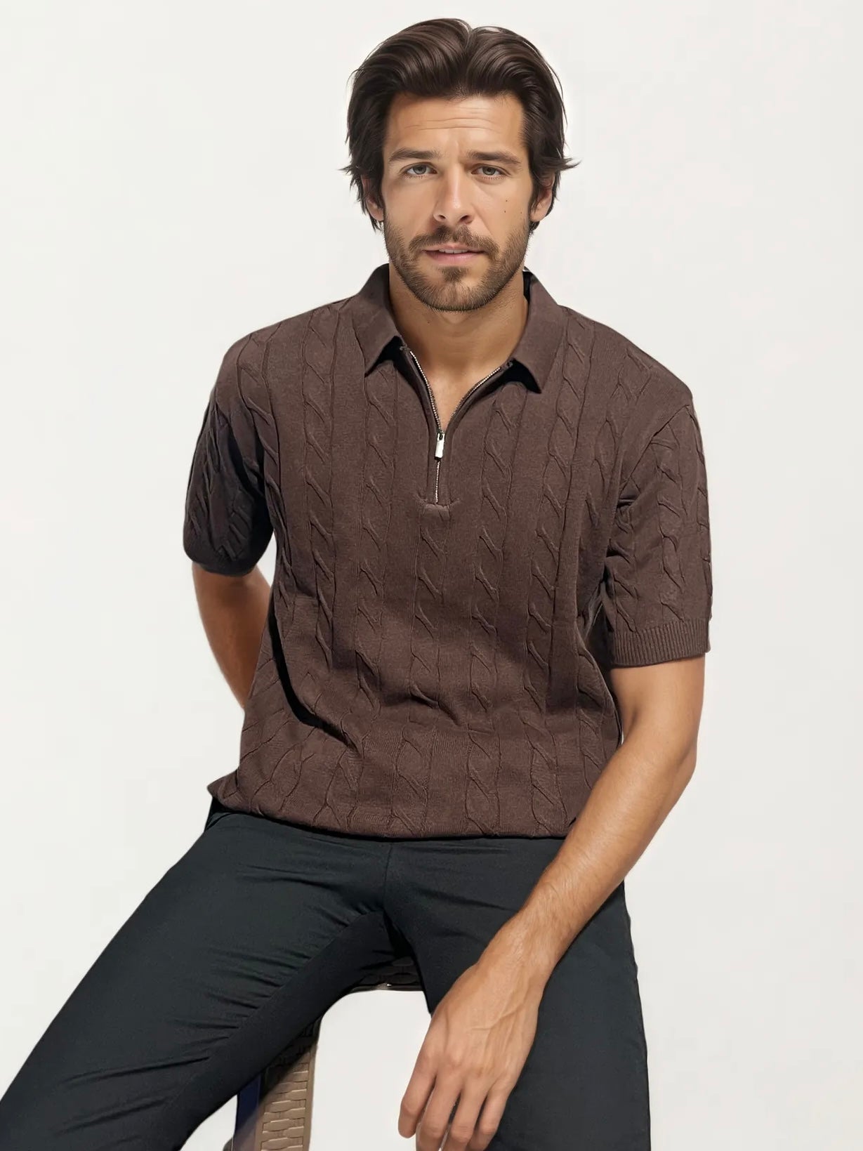 Brown Old-Money Zipper T-Shirt