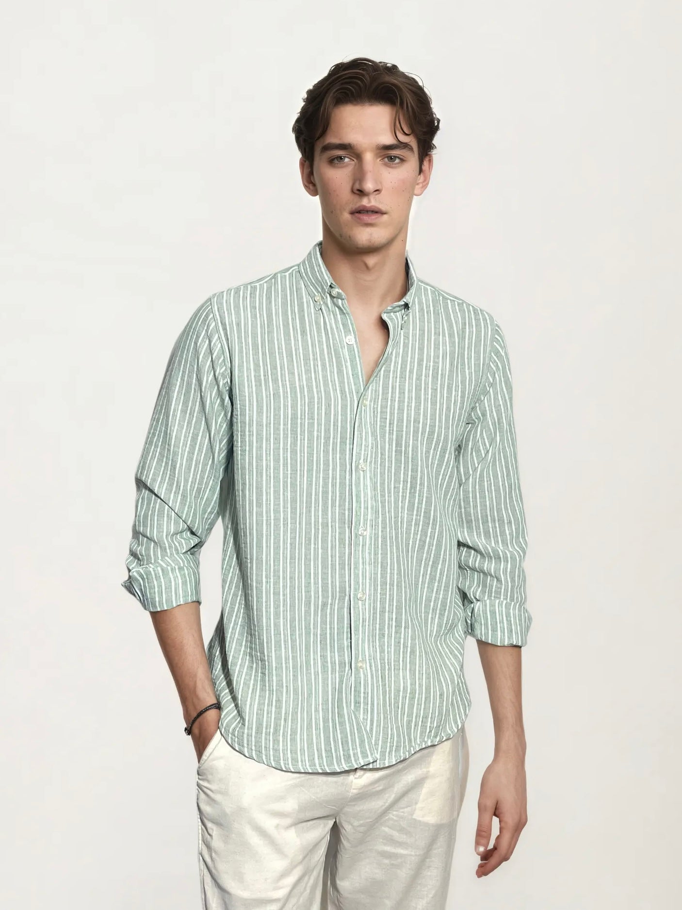 Mint Green Striped Full-Hand Shirt