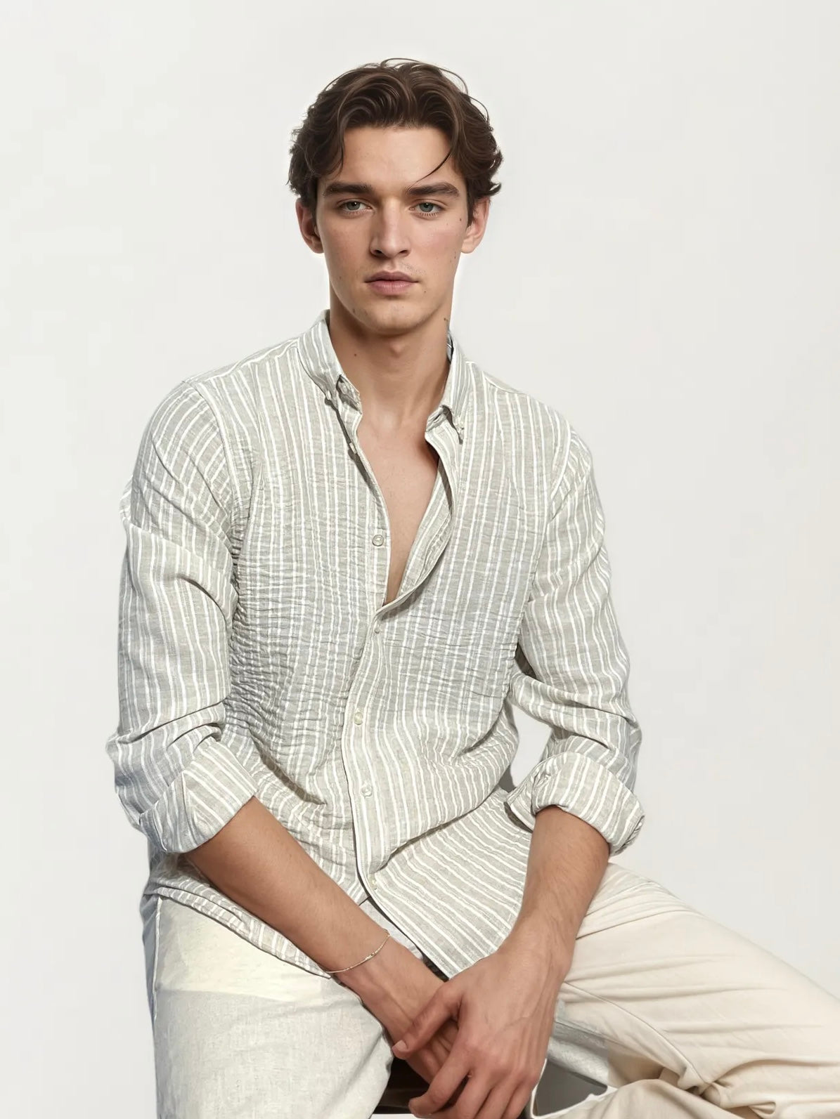 Beige Striped Full-Hand Shirt