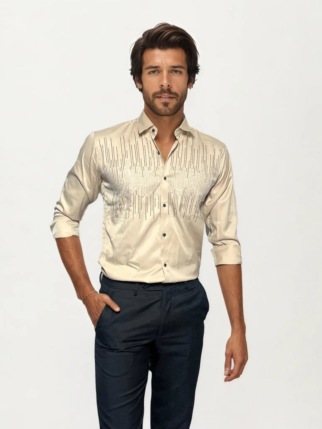 Blend Yellow Stone-Work Party Wear Shirt