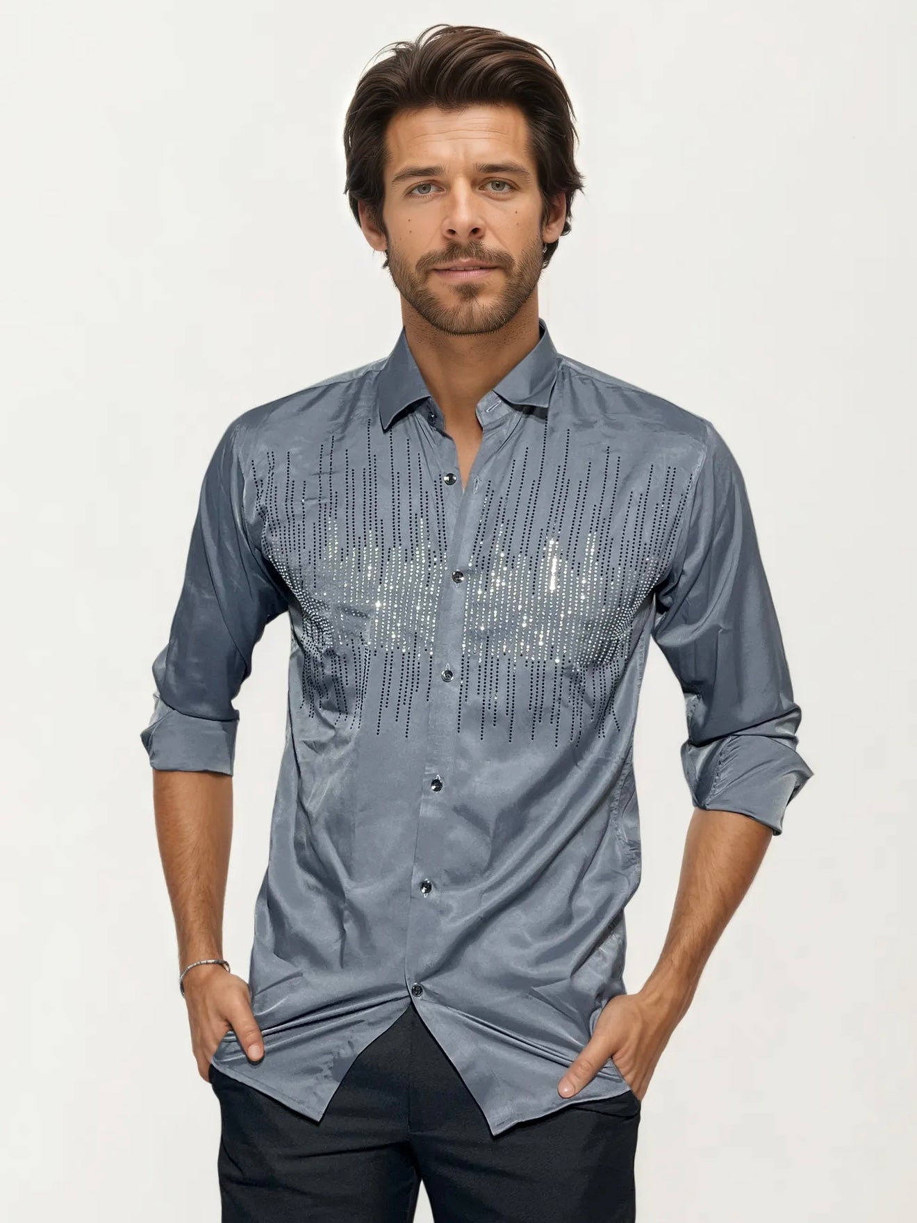 Grey Stone-Work Party Wear Shirt