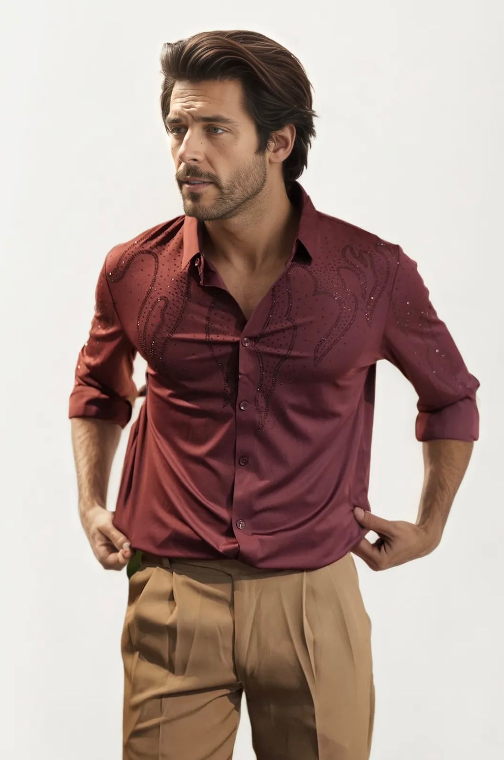 Wine Stone-Work Party Wear Shirt