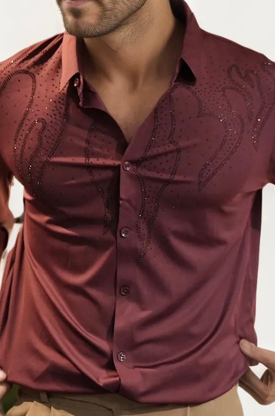 Wine Stone-Work Party Wear Shirt