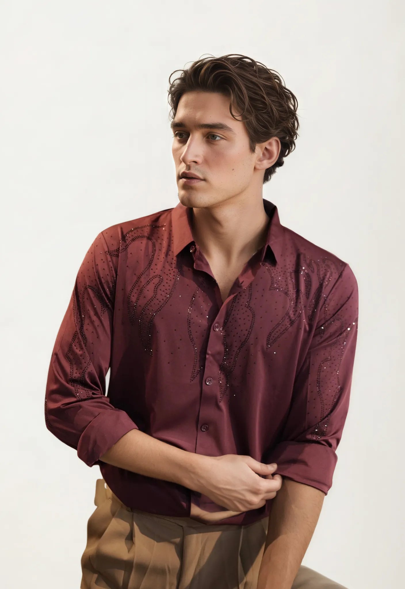 Wine Stone-Work Party Wear Shirt