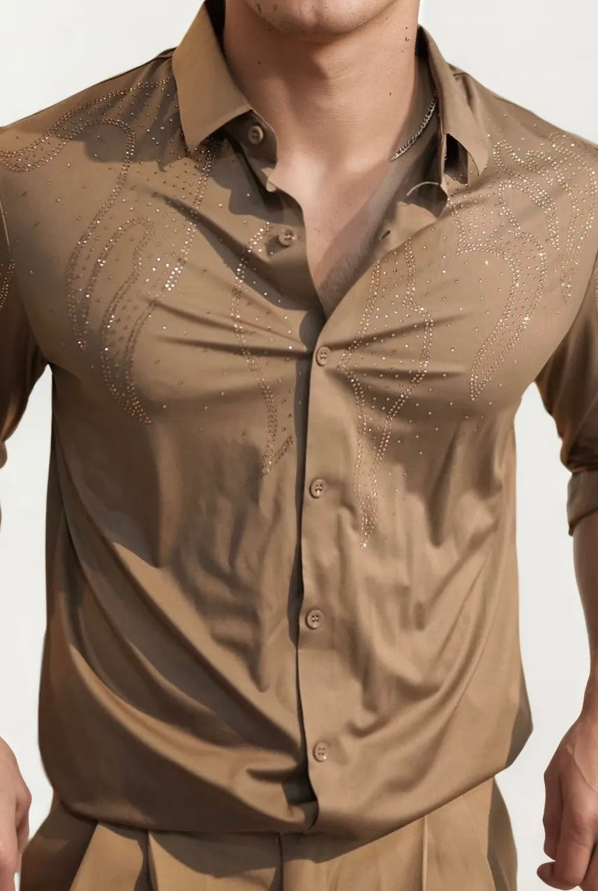 Brown Stone-Work Party Wear Shirt