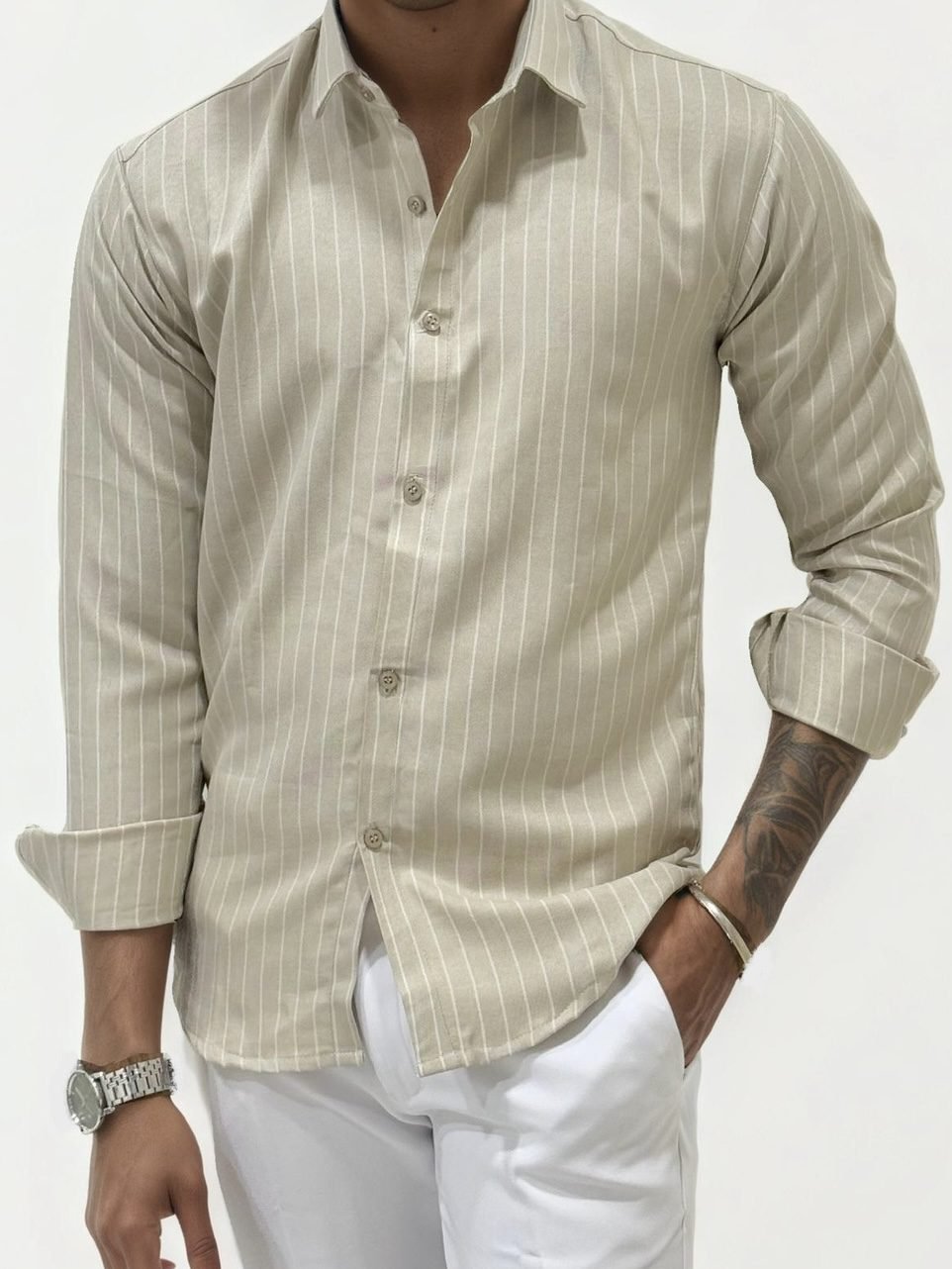 Beige Striped Slim Fit Shirt