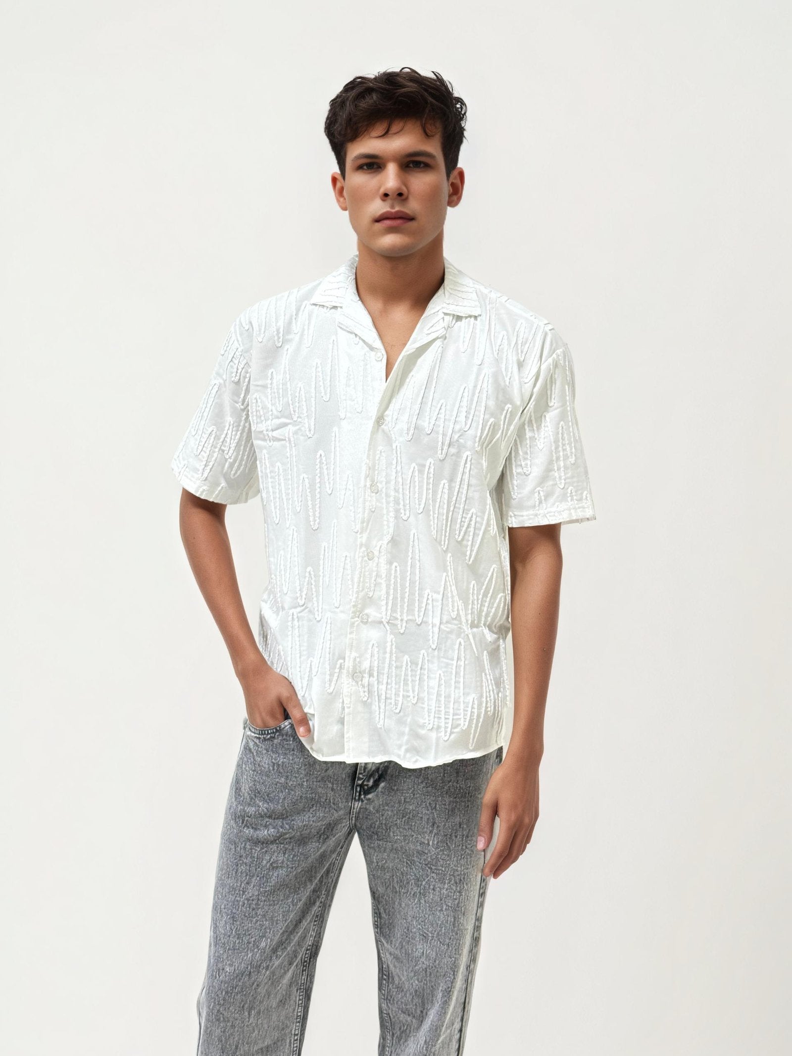 White Self Texture Half Hand Shirt