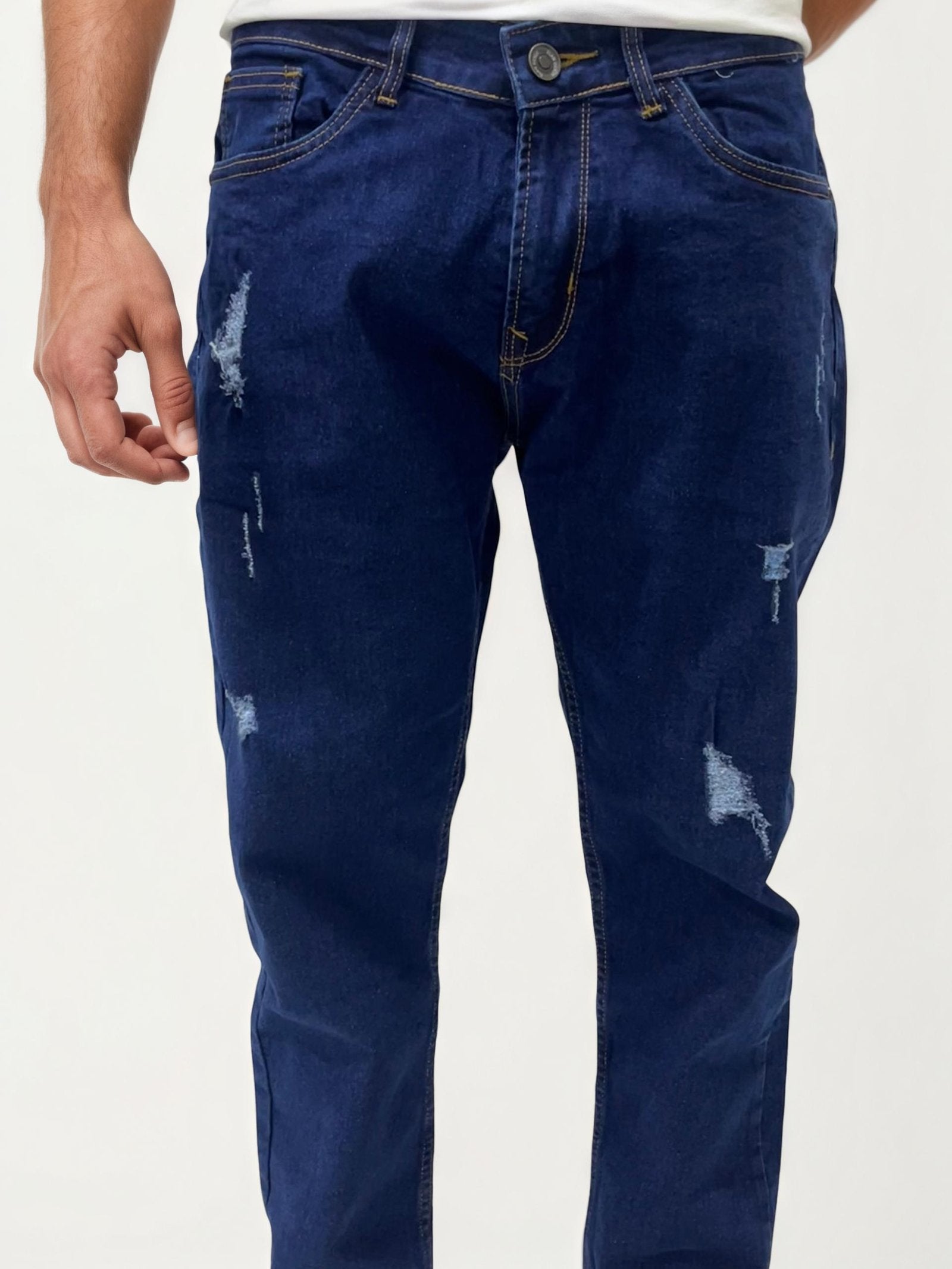 Dark blue distressed slim fit jeans
