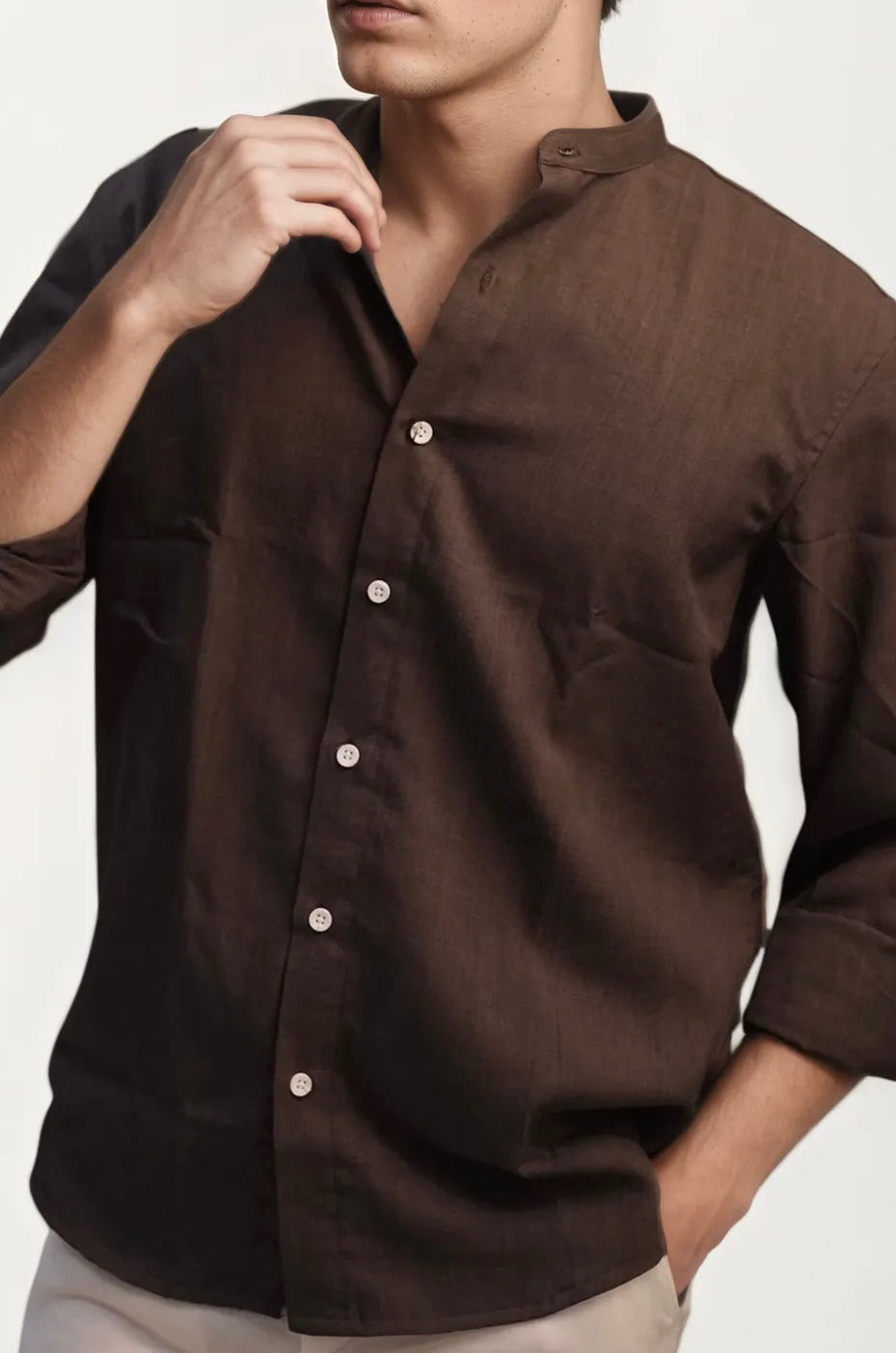 Dark-Brown Mandarin Collar Full-Hand Shirt
