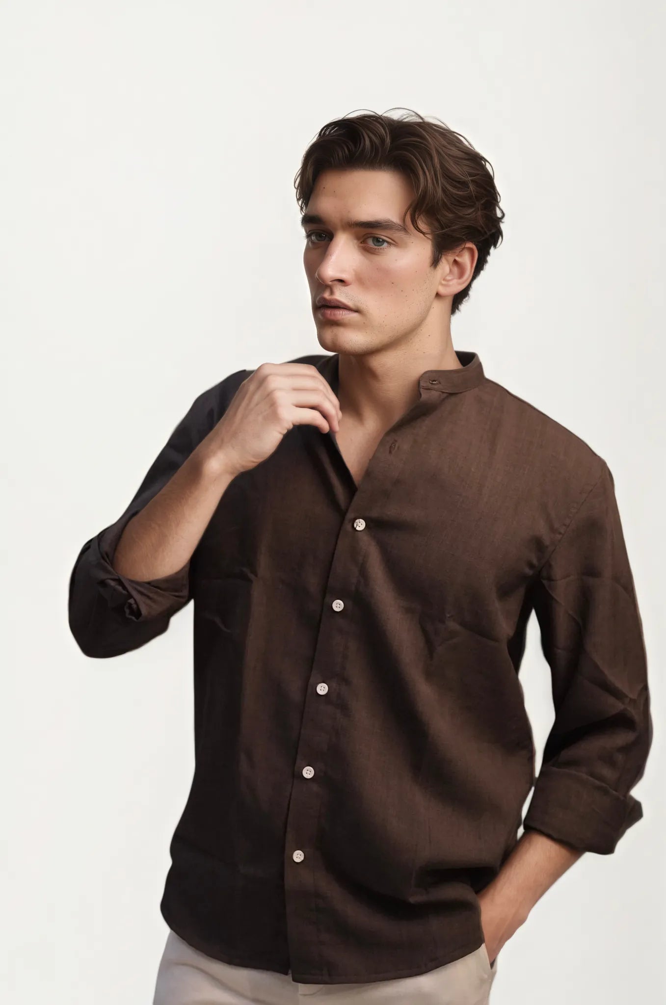 Dark-Brown Mandarin Collar Full-Hand Shirt