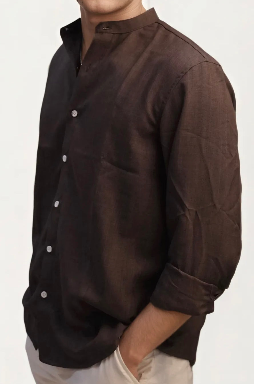Dark-Brown Mandarin Collar Full-Hand Shirt