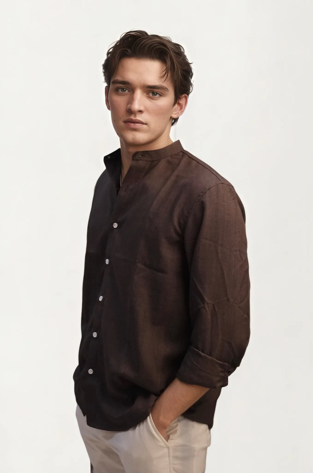 Dark-Brown Mandarin Collar Full-Hand Shirt
