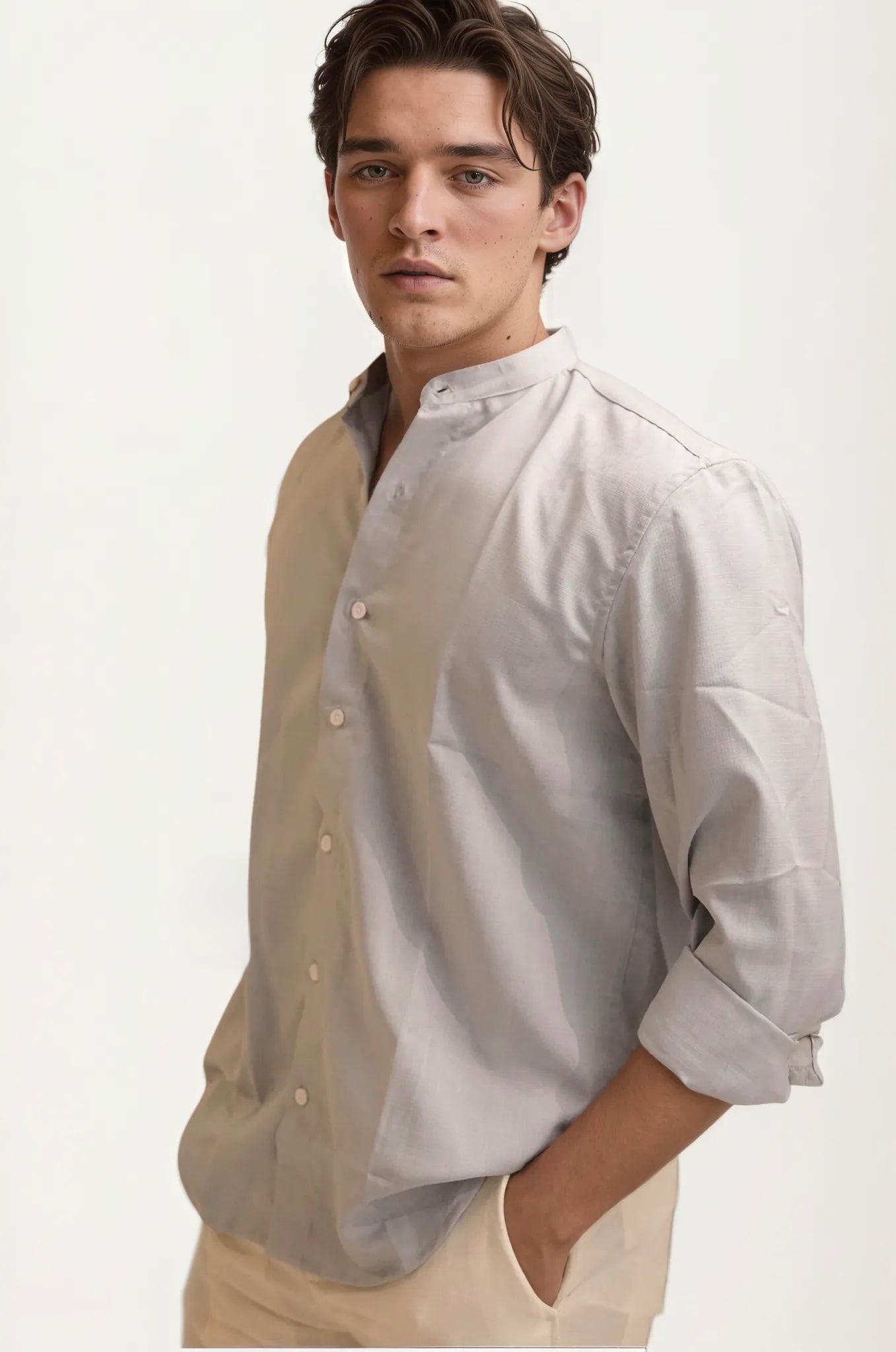 Stone-Grey Mandarin Collar Full-Hand Shirt