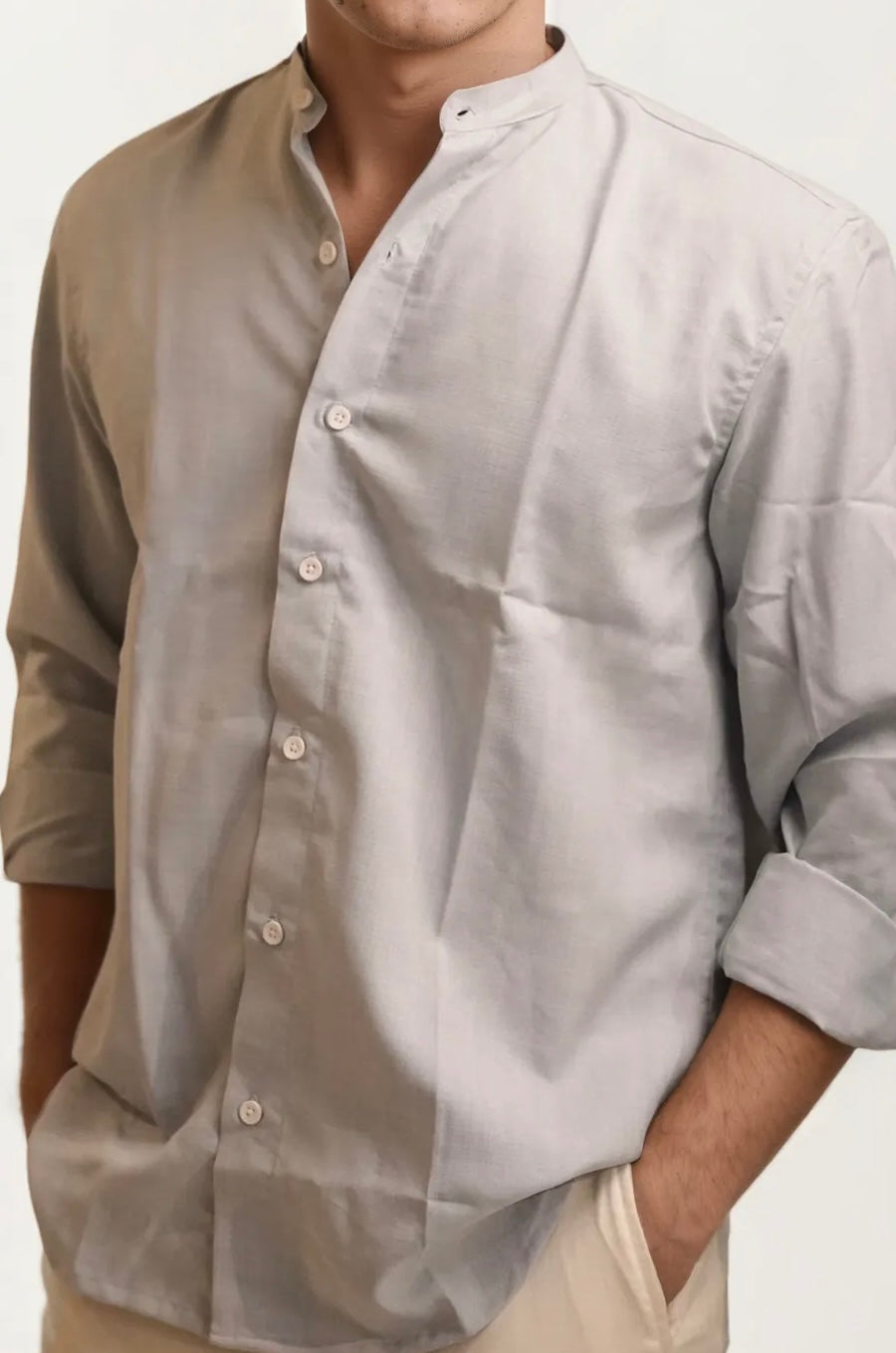 Stone-Grey Mandarin Collar Full-Hand Shirt