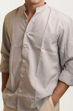 Stone-Grey Mandarin Collar Full-Hand Shirt