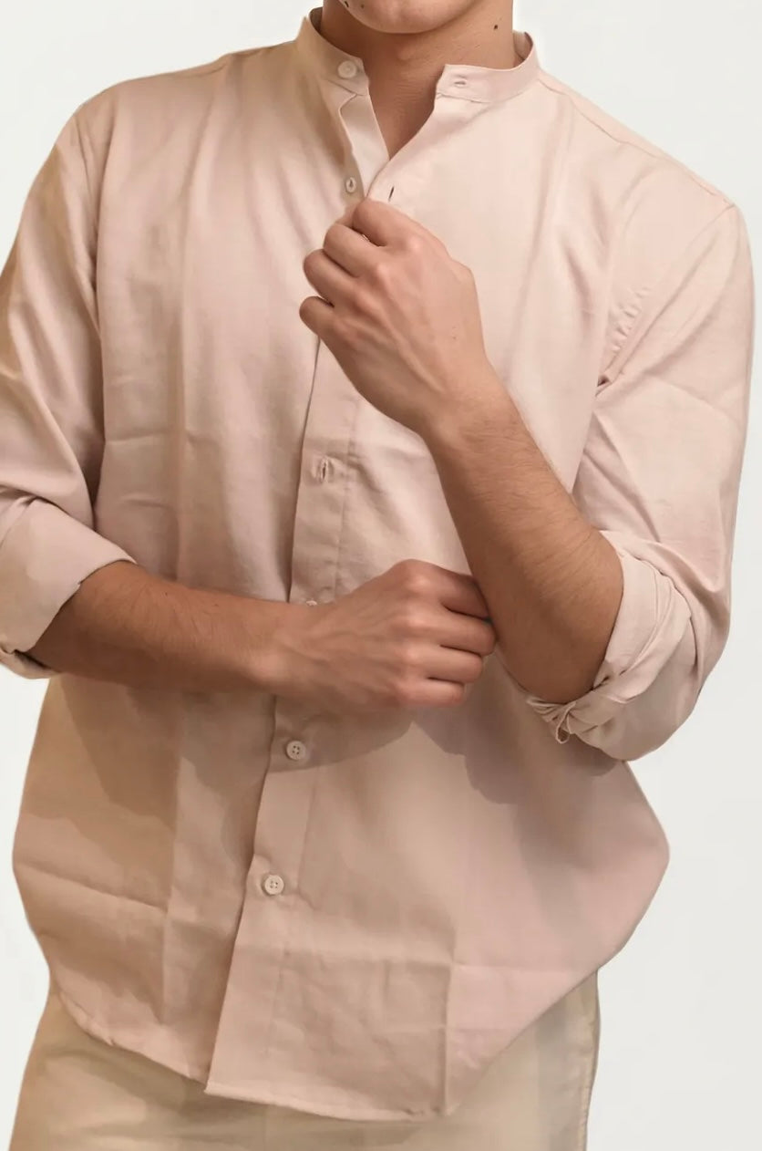 Dusty-Pink Mandarin Collar Full-Hand Shirt