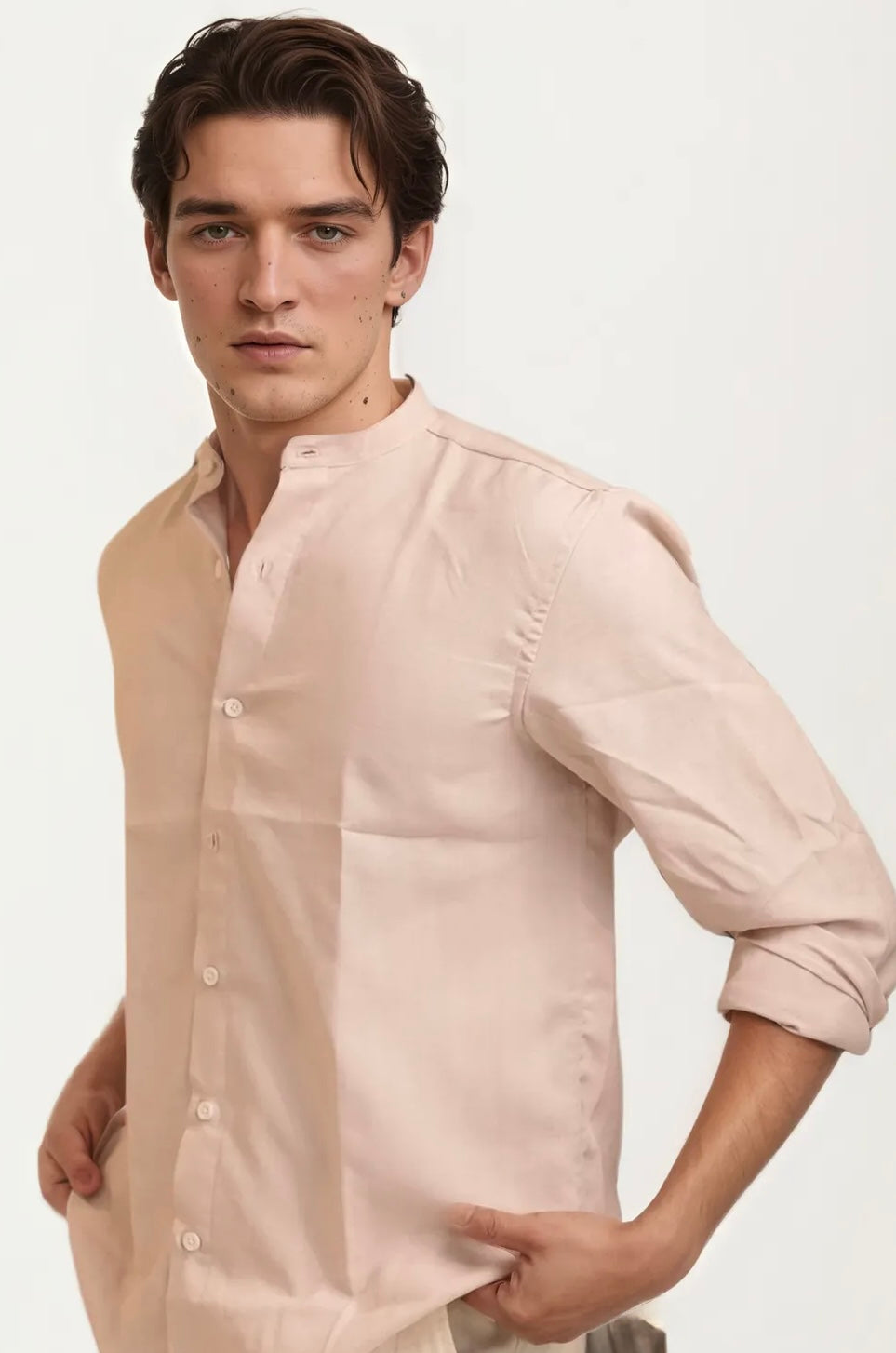 Dusty-Pink Mandarin Collar Full-Hand Shirt