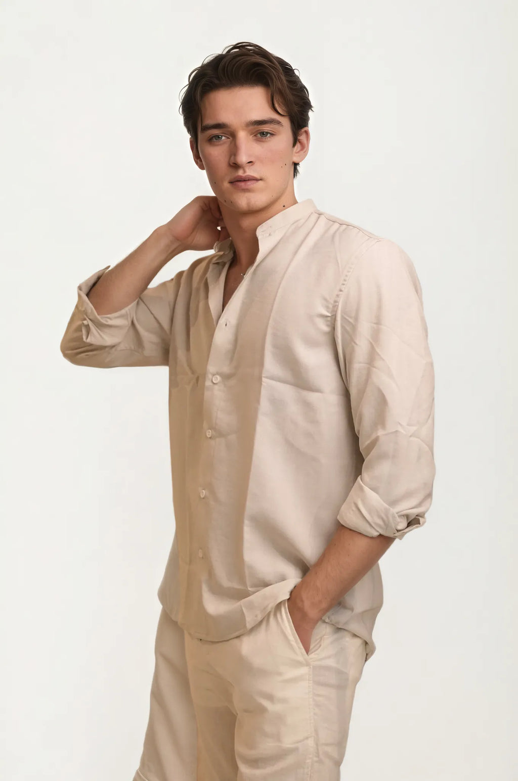 Beige Mandarin Collar Full-Hand Shirt