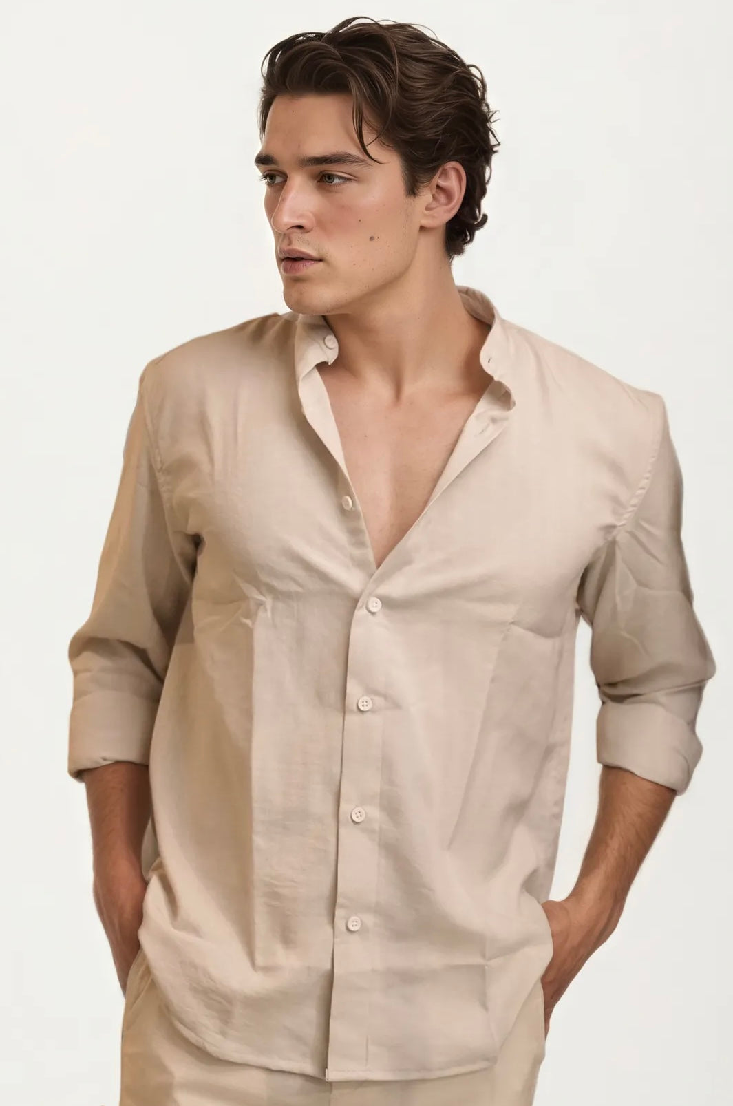 Beige Mandarin Collar Full-Hand Shirt