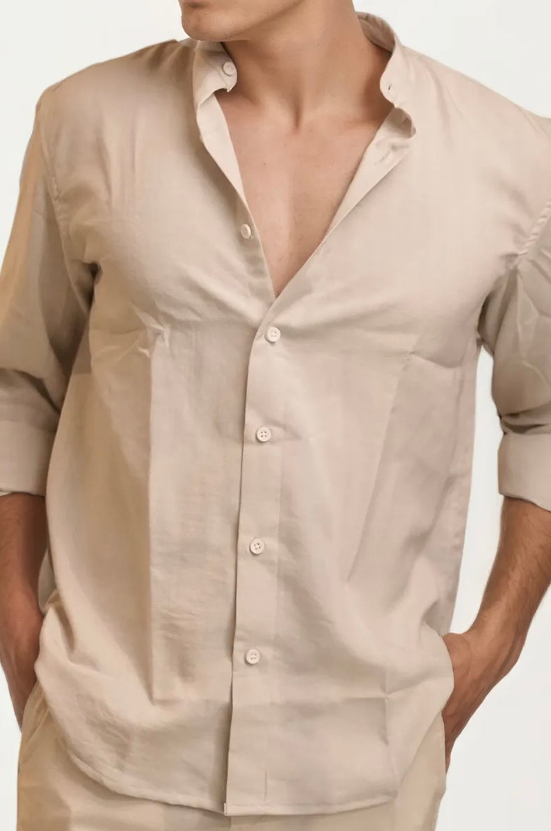 Beige Mandarin Collar Full-Hand Shirt