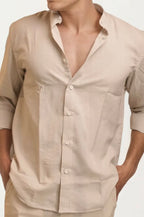 Beige Mandarin Collar Full-Hand Shirt