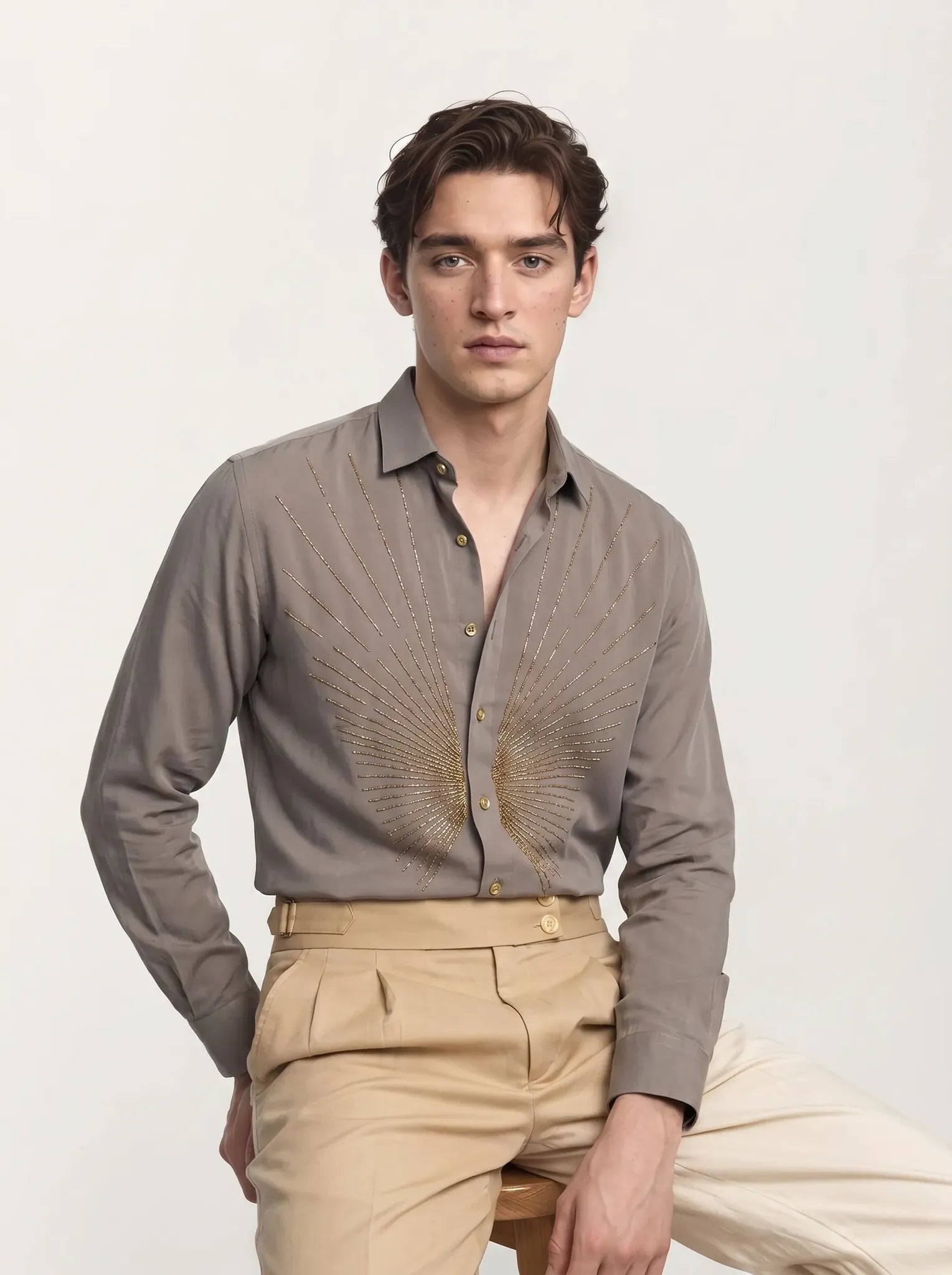 Warm-Grey Party Wear Full-Hand Shirt