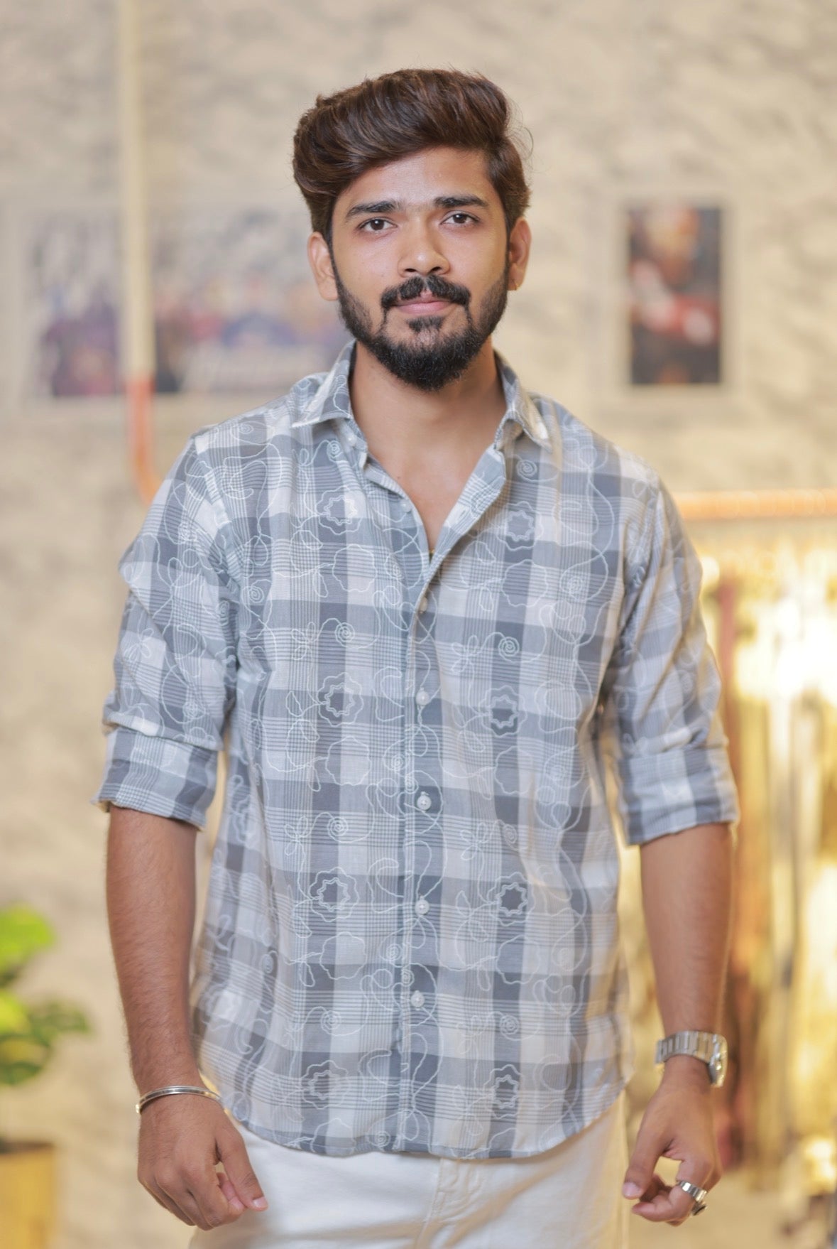 Cement Linen Checked Embroidery Shirt