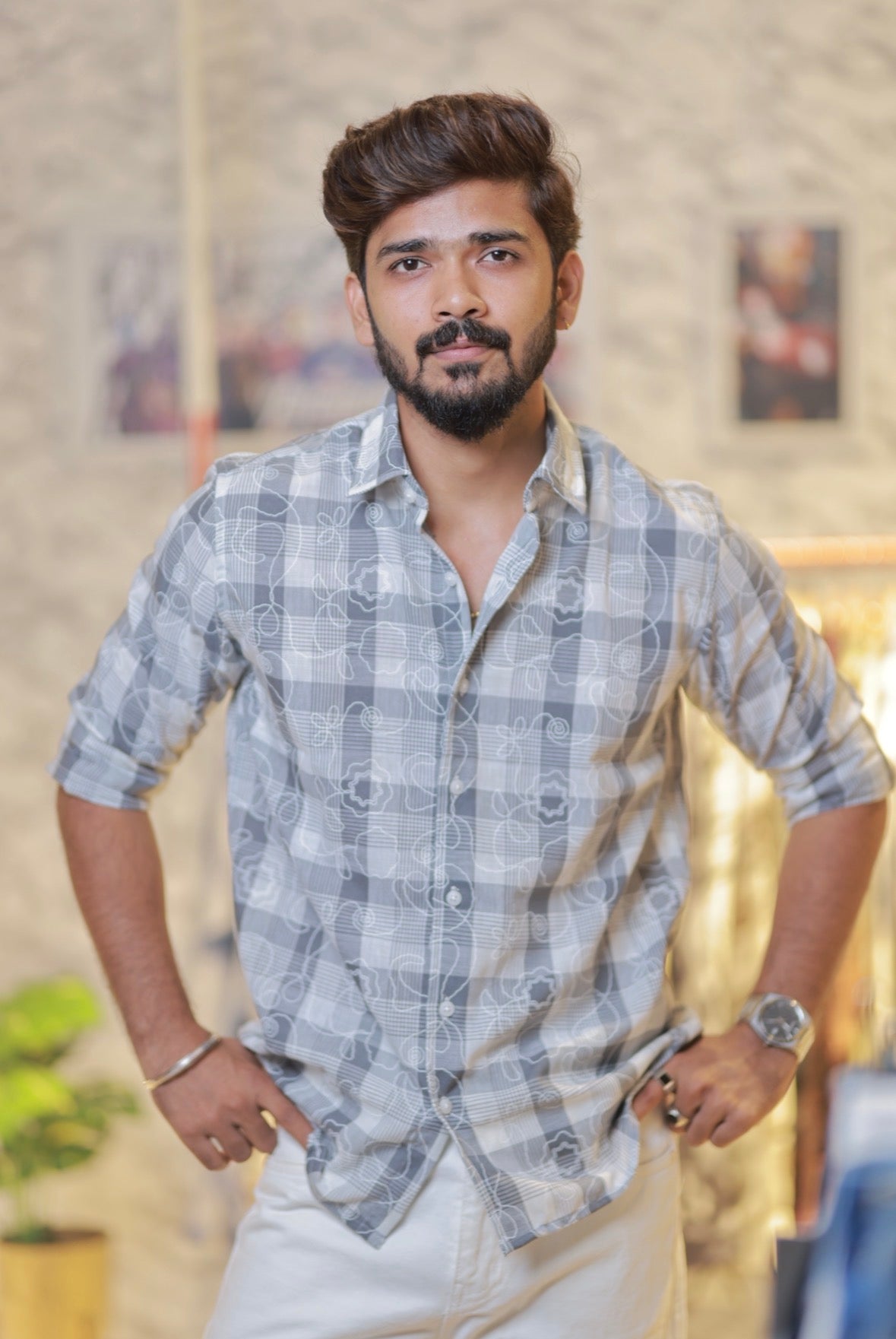 Cement Linen Checked Embroidery Shirt