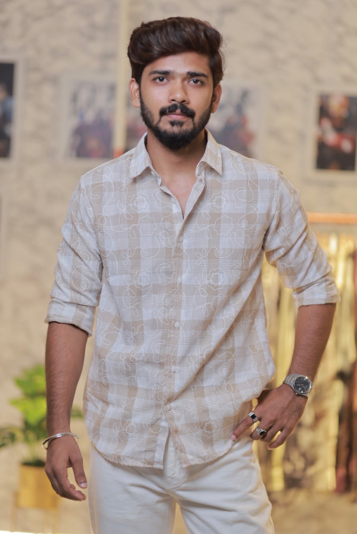 Cream-Brown Linen Checked Embroidery Shirt