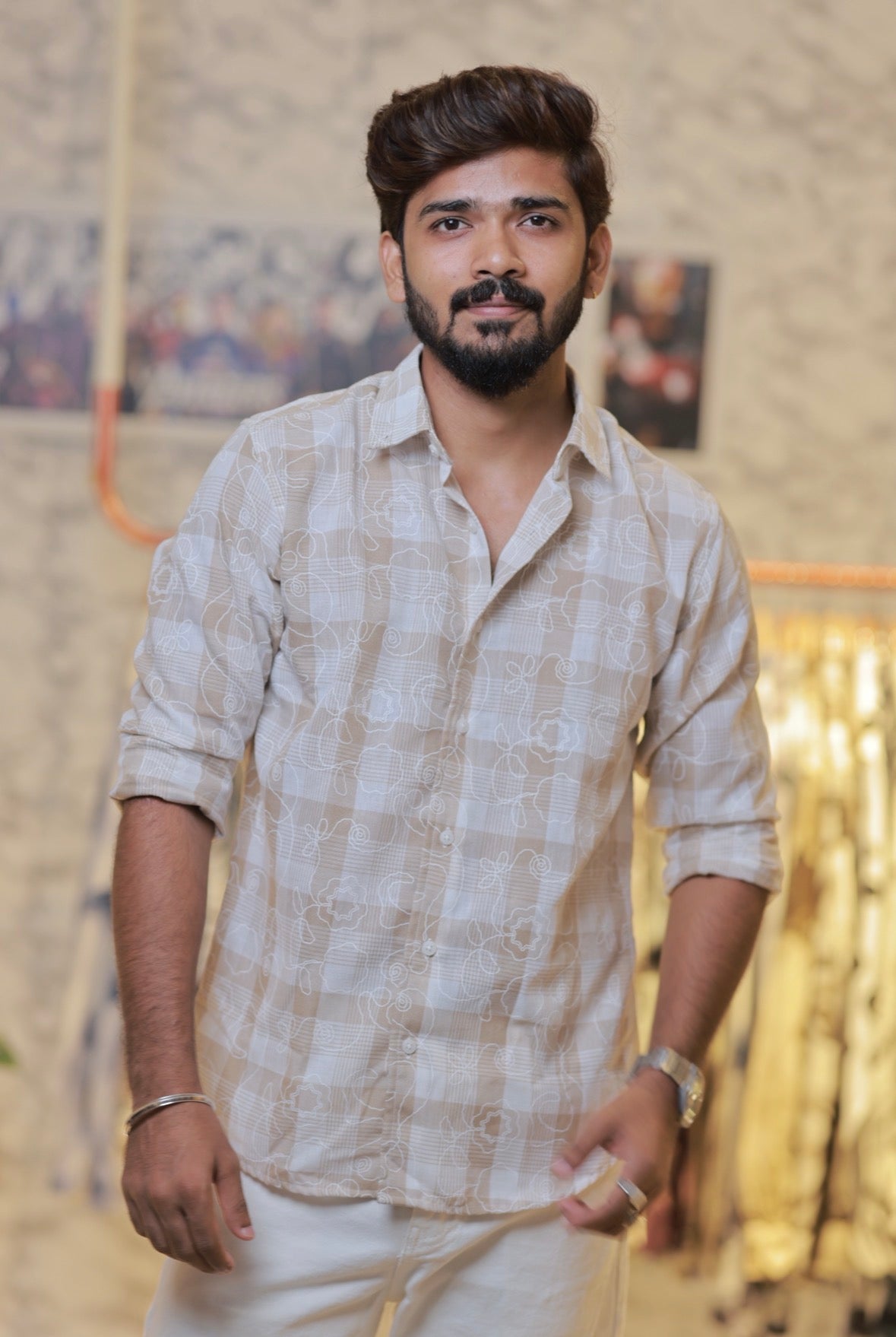 Cream-Brown Linen Checked Embroidery Shirt