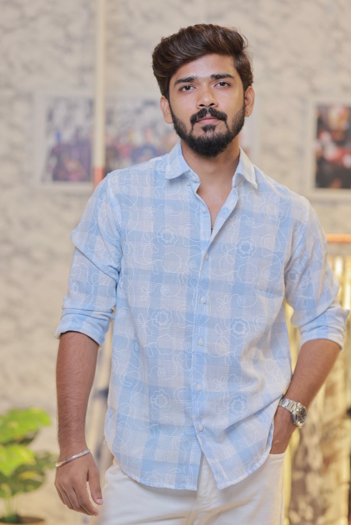 Sky-Blue Linen Embroidery Checked Shirt