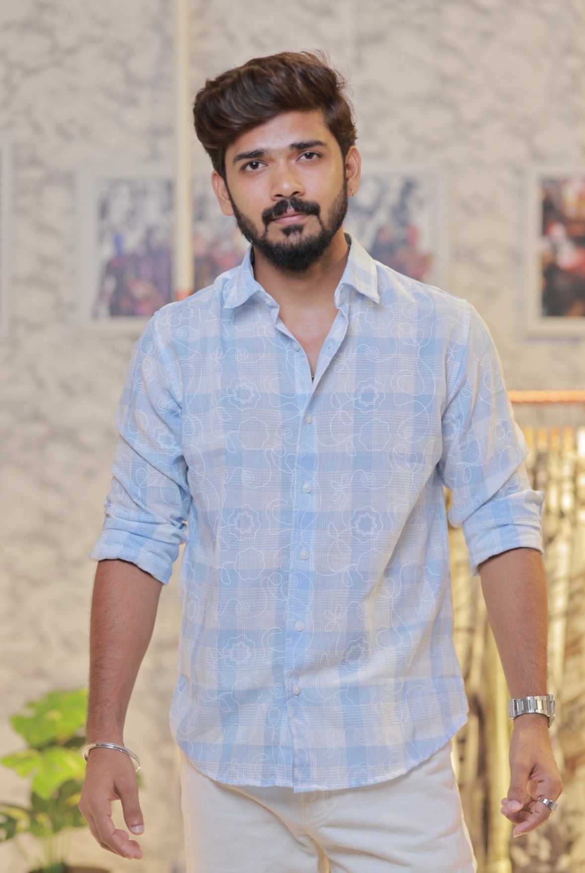 Sky-Blue Linen Embroidery Checked Shirt