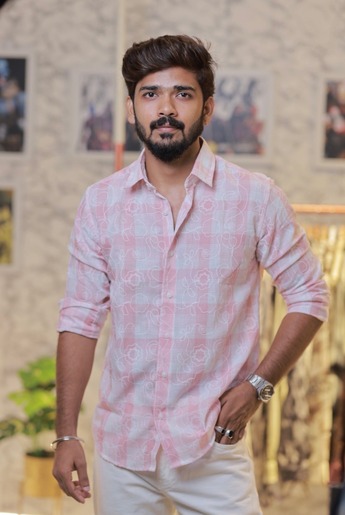 Baby-Pink Linen Embroidery Checked Shirt