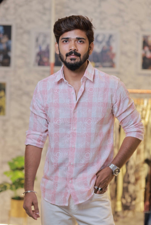 Baby-Pink Linen Embroidery Checked Shirt