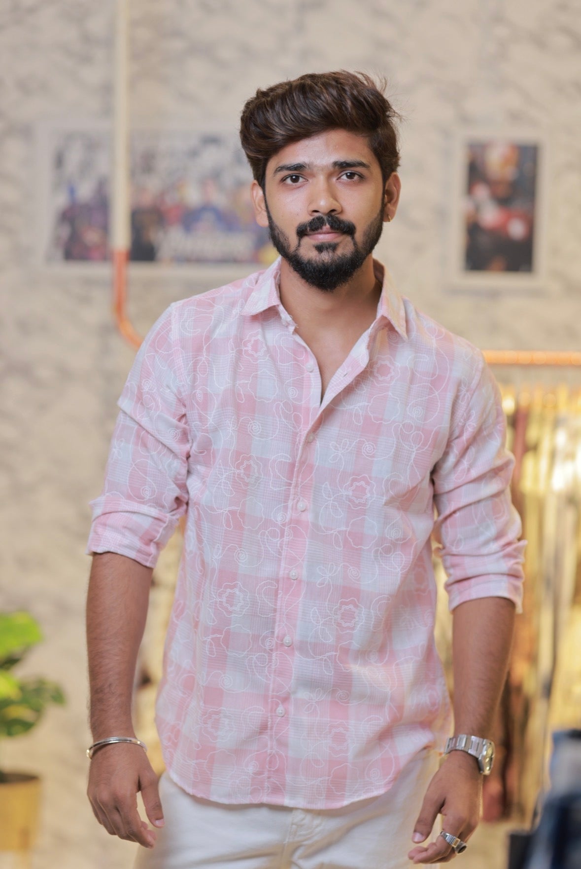 Baby-Pink Linen Embroidery Checked Shirt