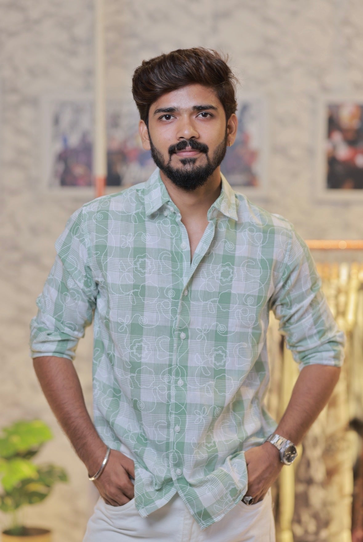 Mint-Green Linen Embroidery Checked Shirt