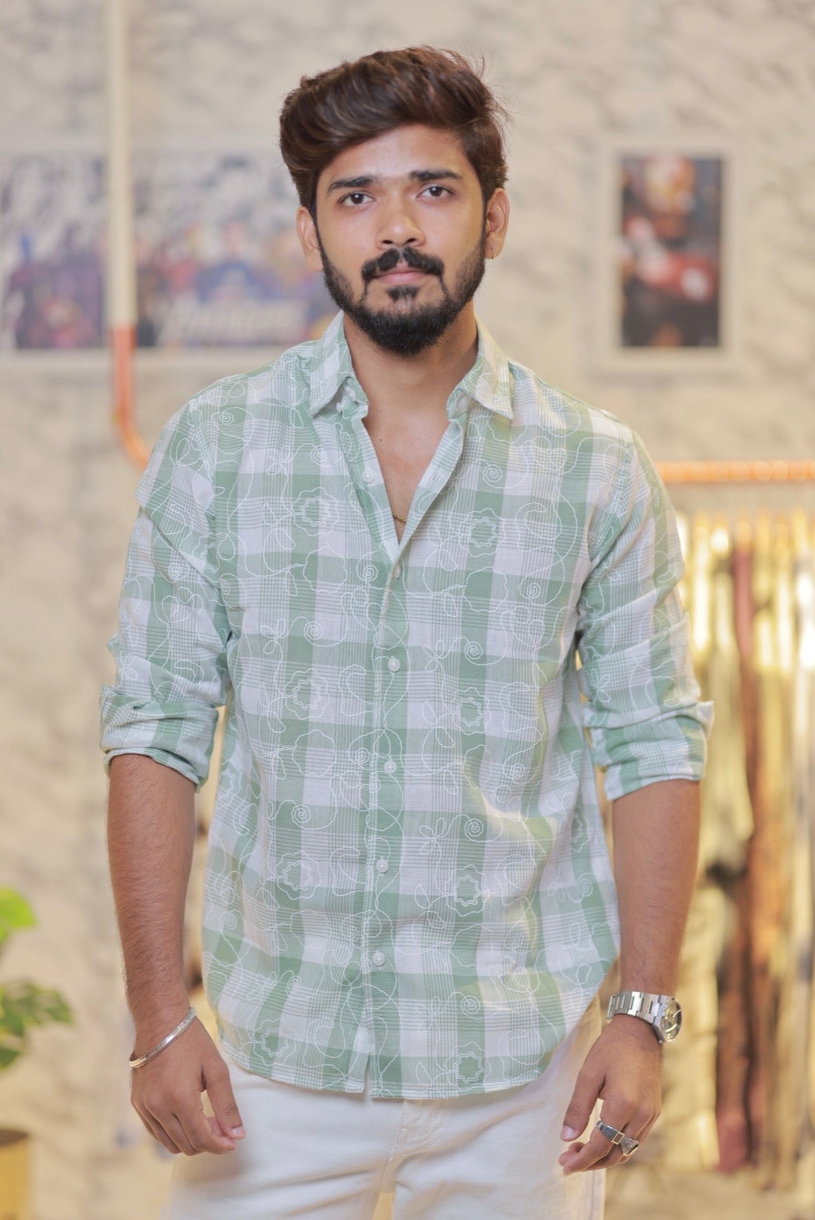 Mint-Green Linen Embroidery Checked Shirt