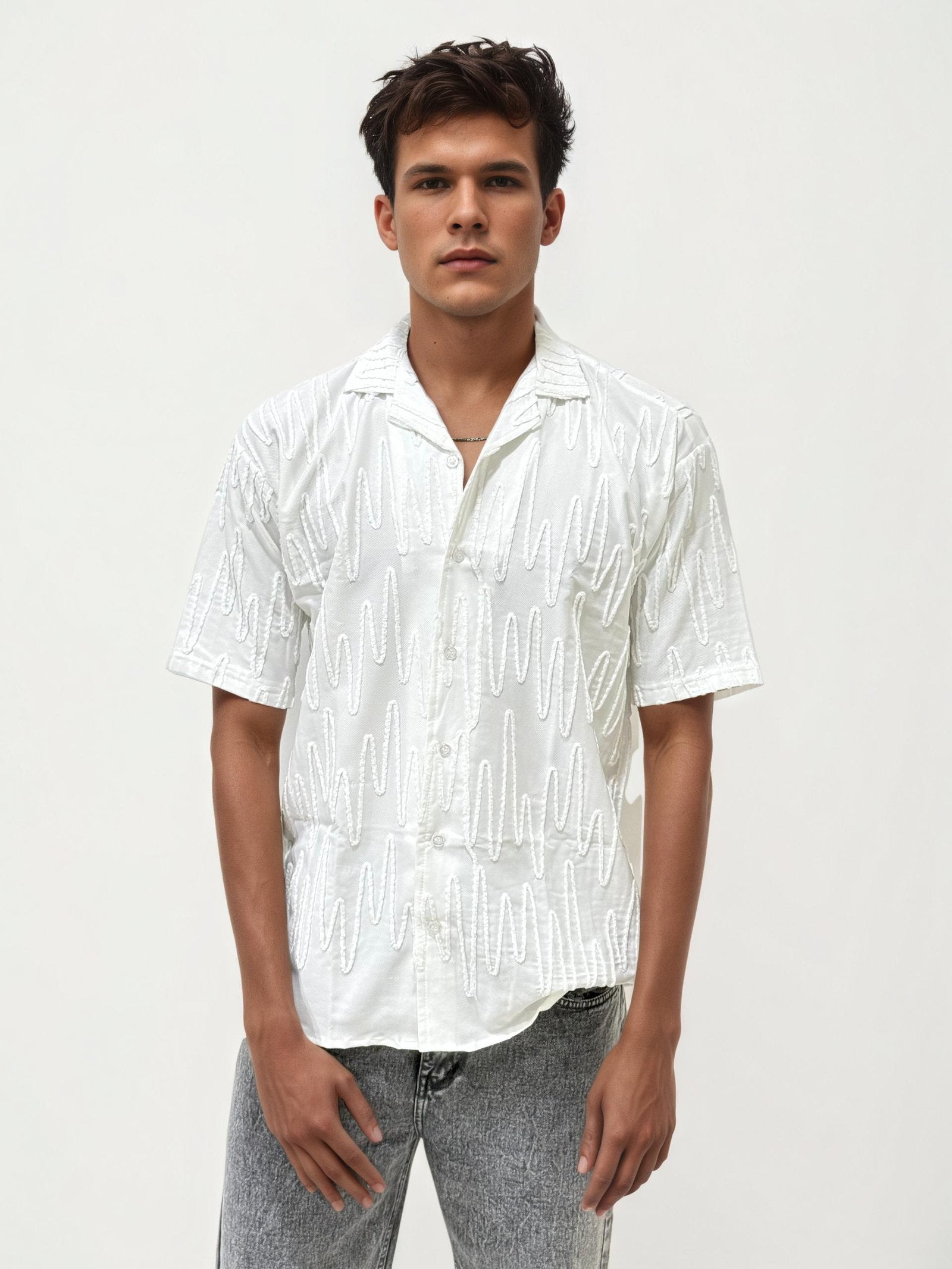 White Self Texture Half Hand Shirt
