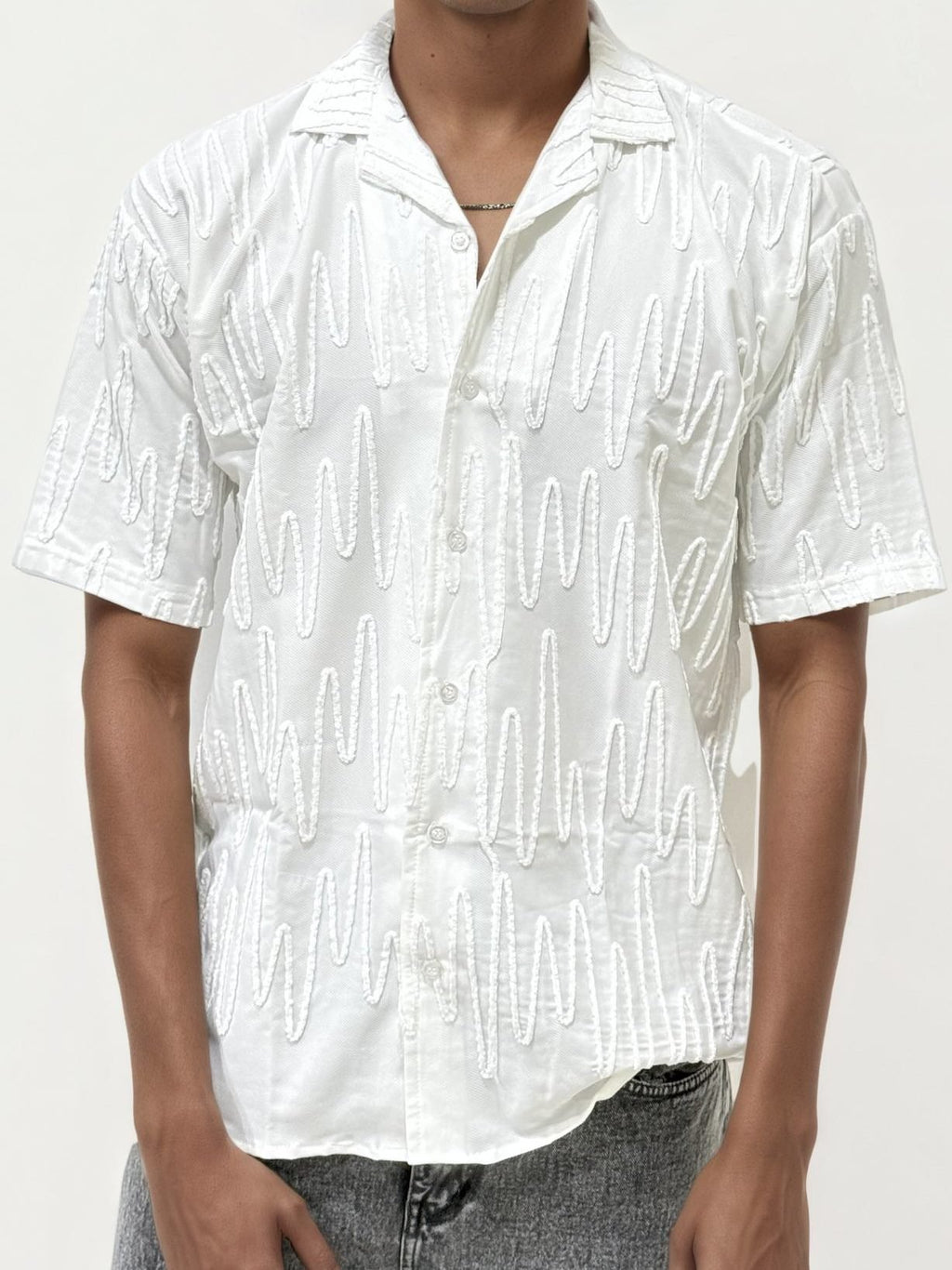 White Self Texture Half Hand Shirt
