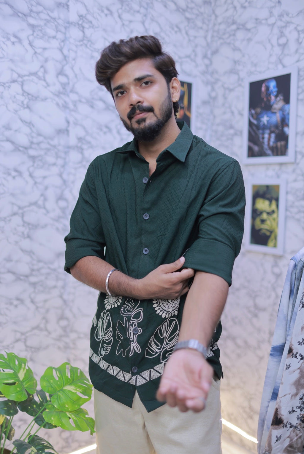 Green Embroidery Full-Hand Shirt