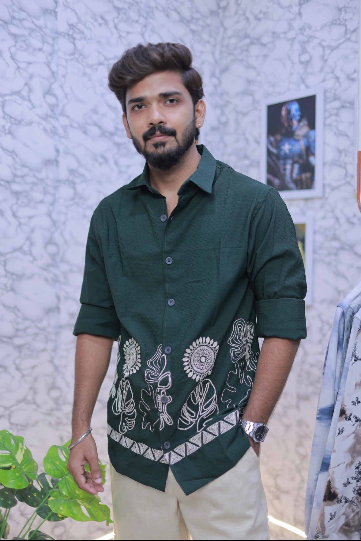Green Embroidery Full-Hand Shirt