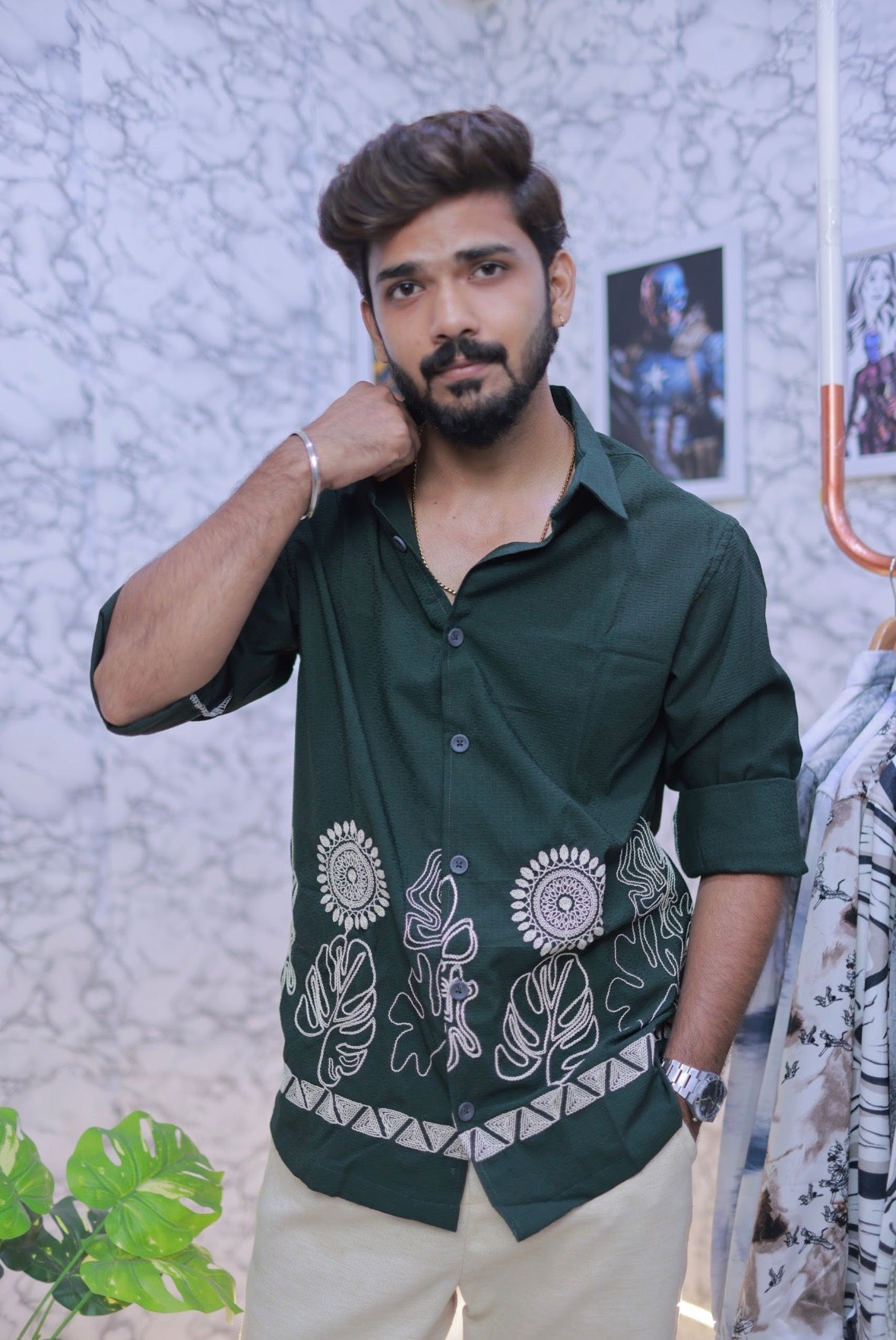 Green Embroidery Full-Hand Shirt