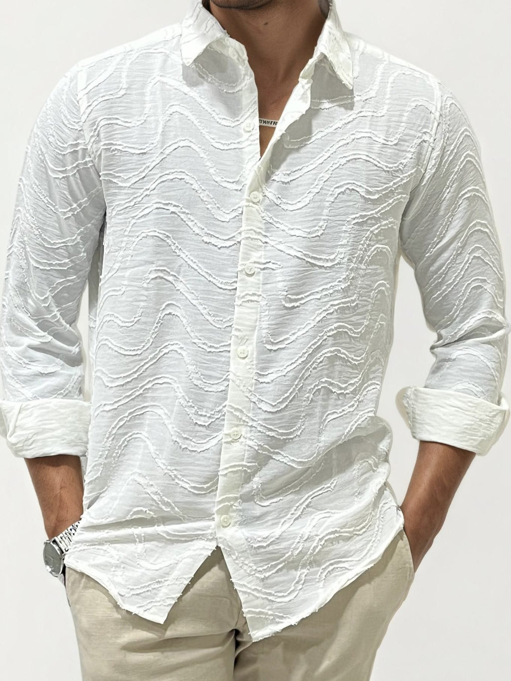 White Self Texture Slim Fit Shirt