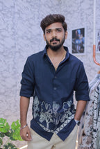 Navy-Blue Embroidery Full-Hand Shirt