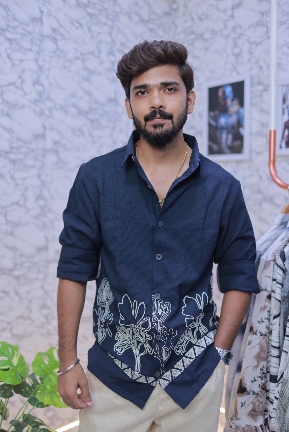 Navy-Blue Embroidery Full-Hand Shirt