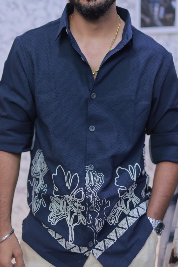 Navy-Blue Embroidery Full-Hand Shirt
