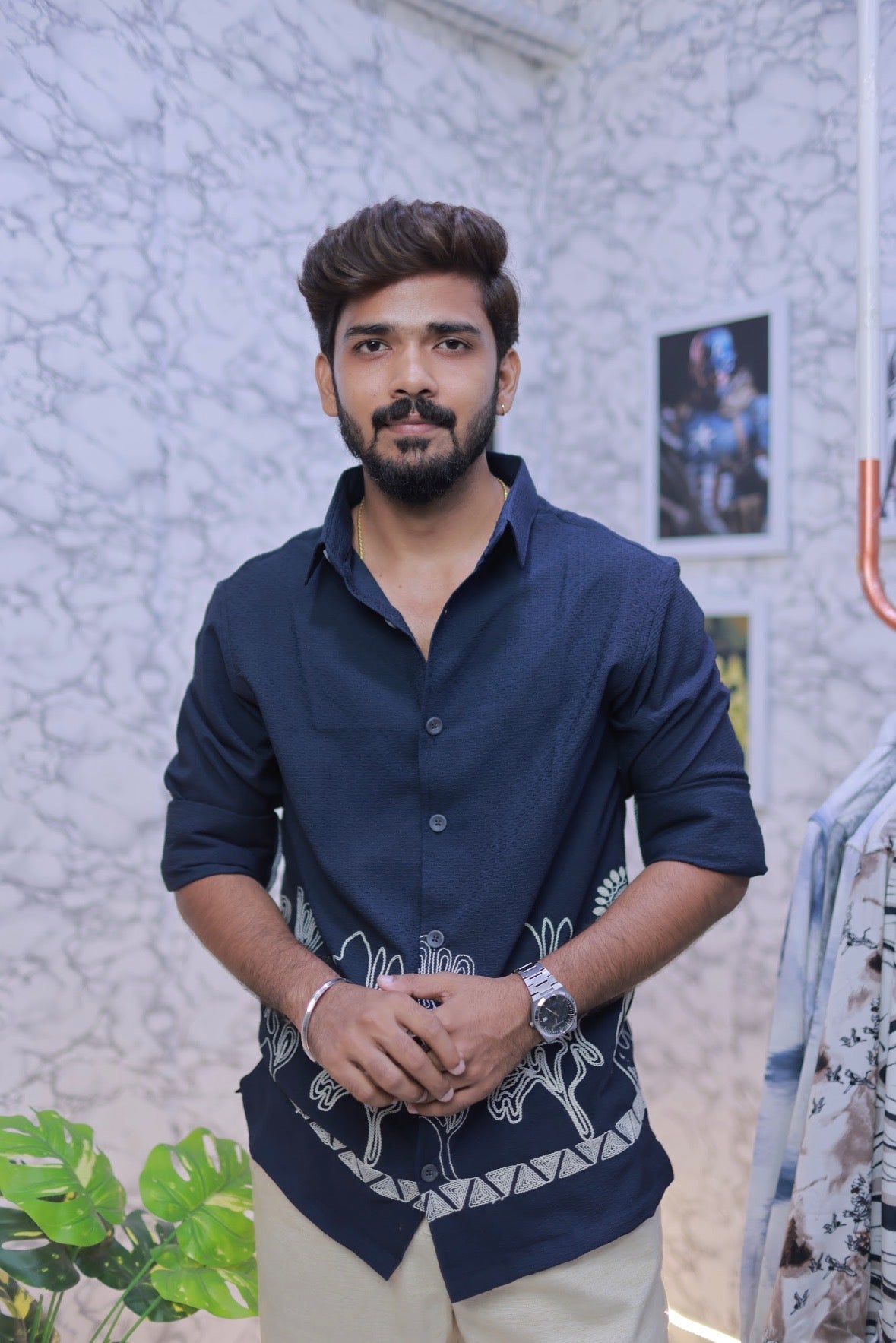 Navy-Blue Embroidery Full-Hand Shirt