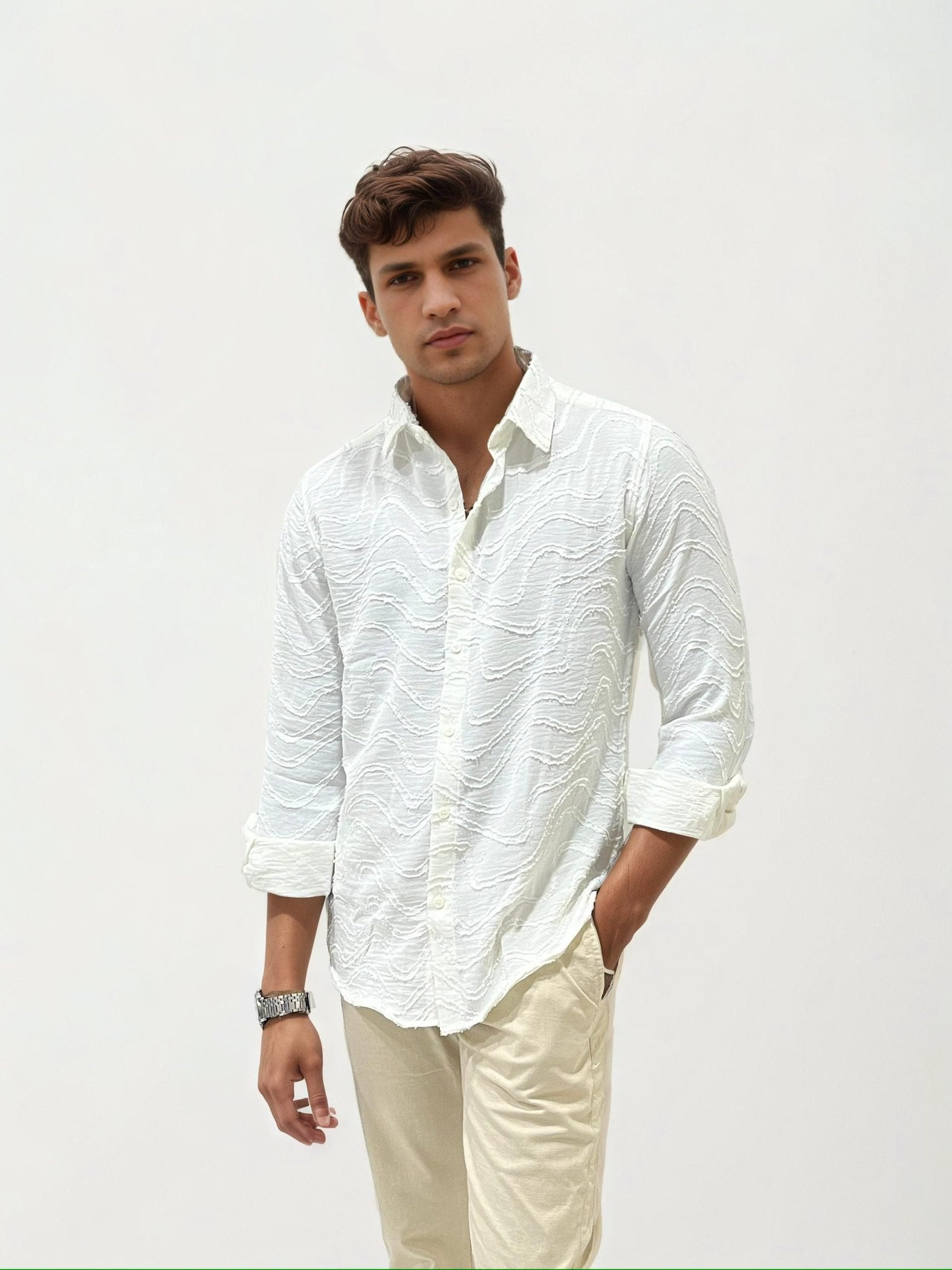 White Self Texture Slim Fit Shirt