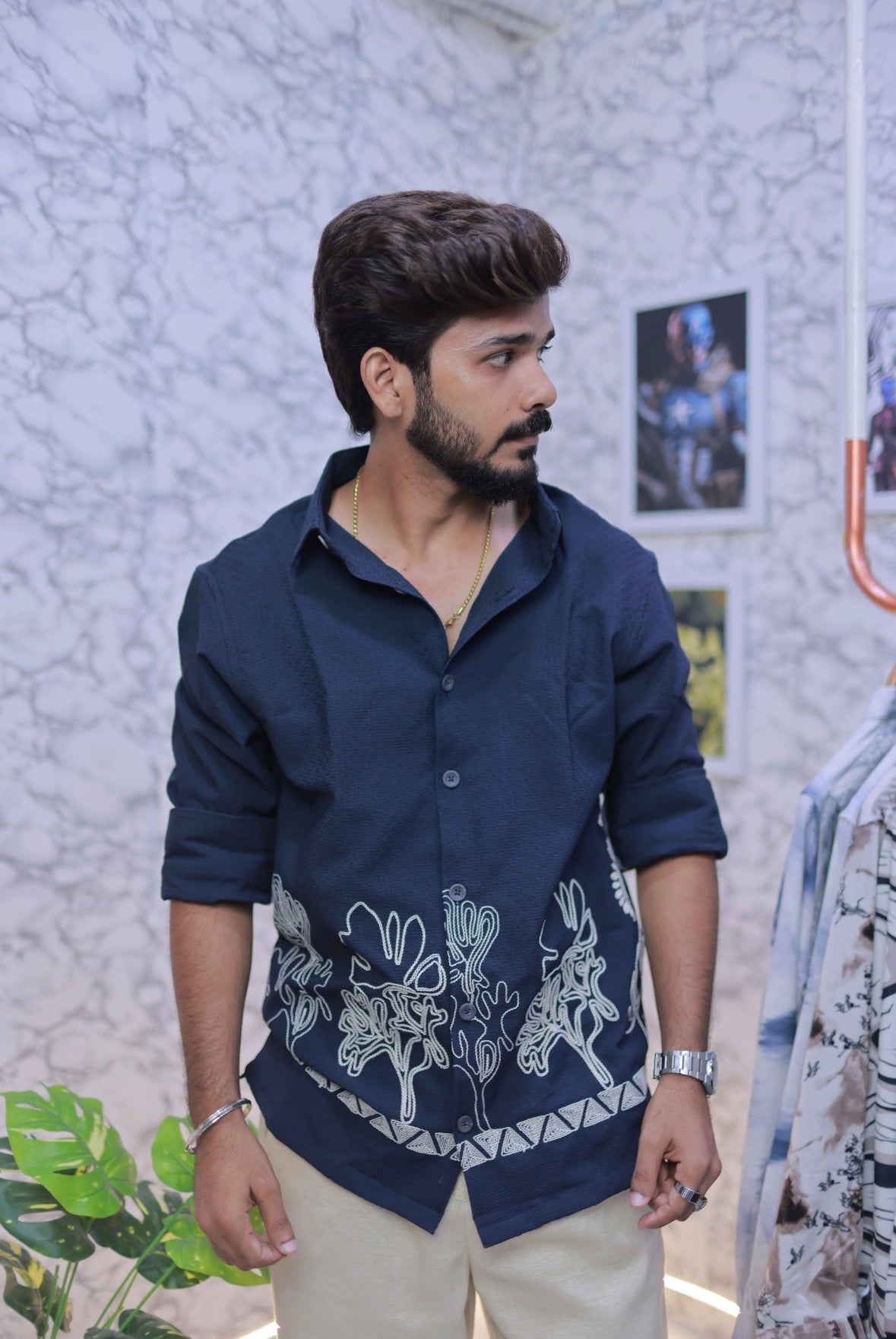 Navy-Blue Embroidery Full-Hand Shirt